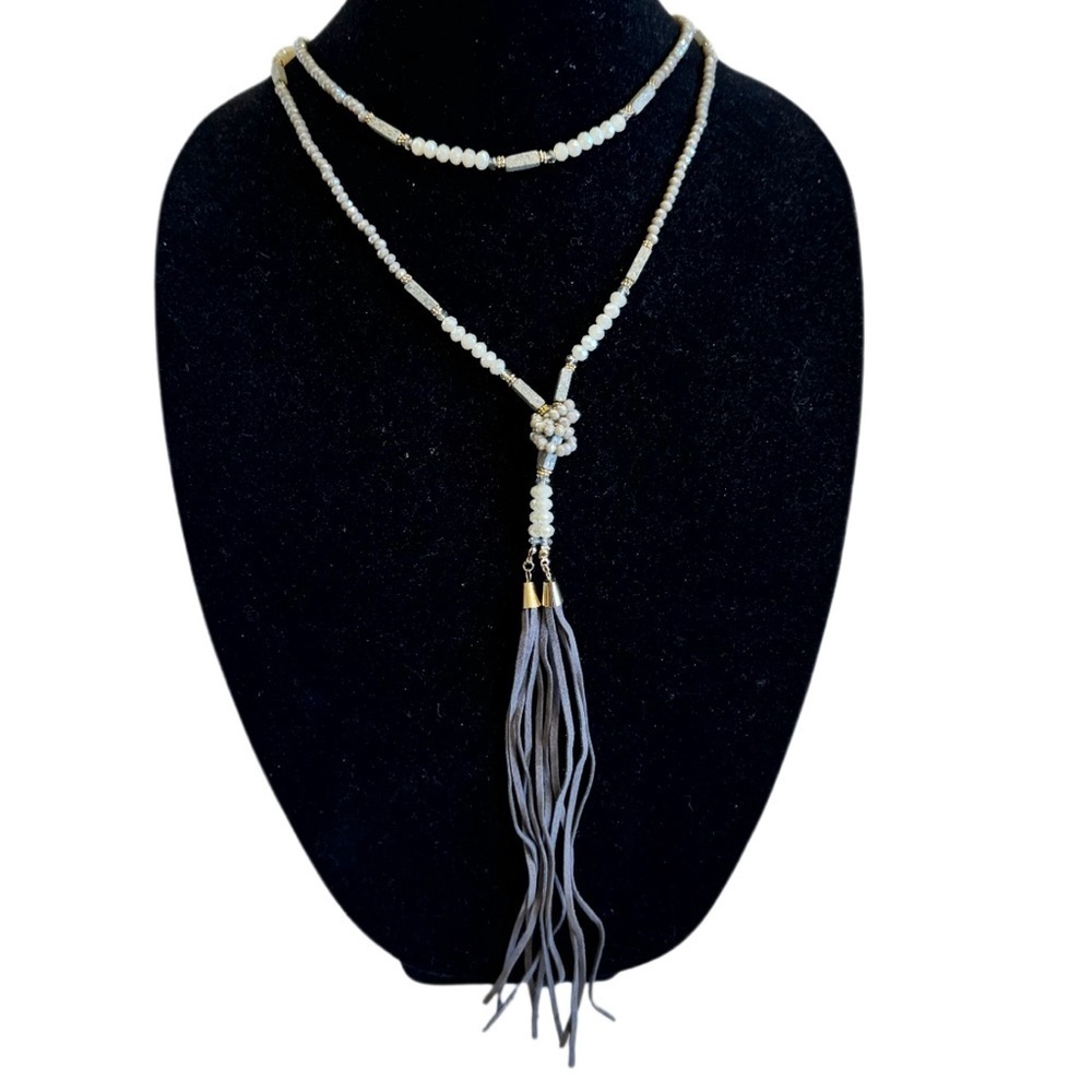 Gold Tone Gray Faceted Beaded Leather Tassel One Piece Long Lariat Necklace